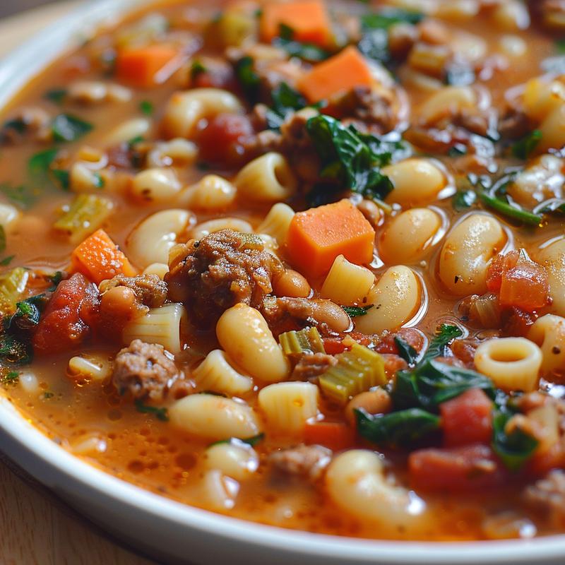 Close-up of a bowl of hearty pasta e fagioli soup on a wooden surface.