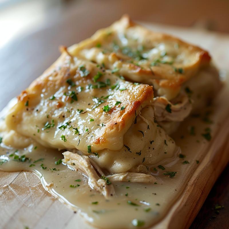 Close-up of tender chicken and fluffy dumplings in creamy broth on a wooden board.