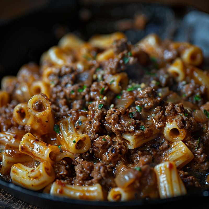 Close-up view of a portion of ground beef pasta on a rustic cast iron surface, showcasing rich textures and colors.