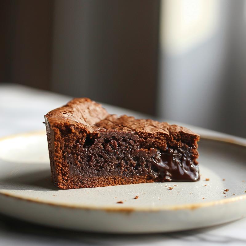A perfect slice of chocolate lava cake on a light grey plate, showcasing rich, molten chocolate filling.