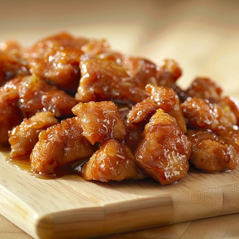 Extreme close-up of a textured portion of crock pot honey chicken on a light wood board.