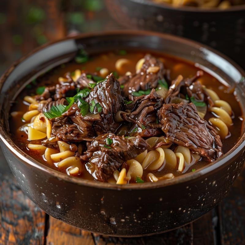 Close-up of slow-cooked beef noodles on a rustic wooden table, highlighting texture and rich color.