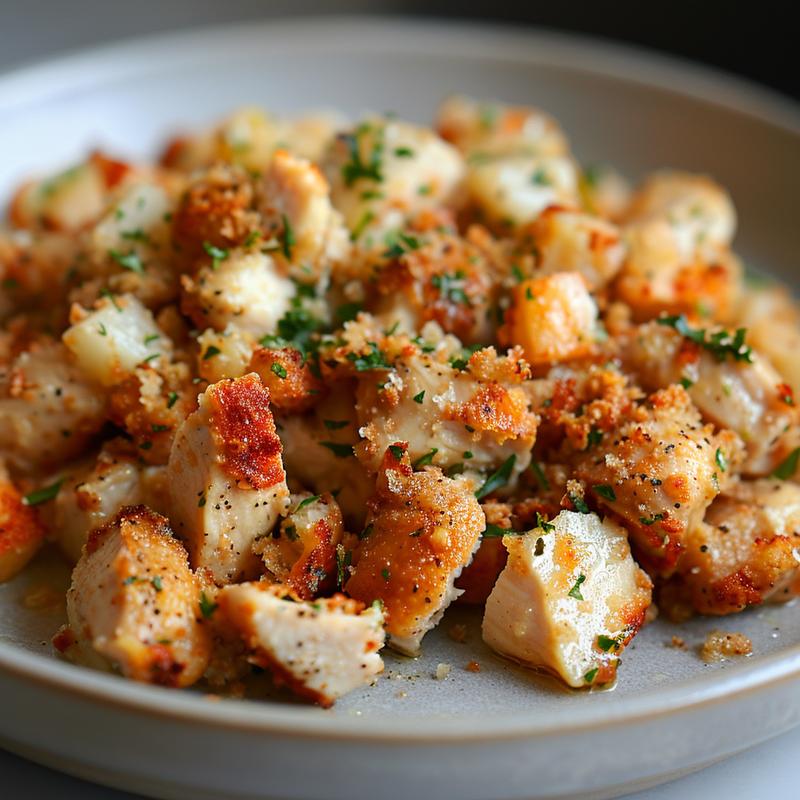 Close-up of dump bake chicken on a minimalist light grey ceramic plate.