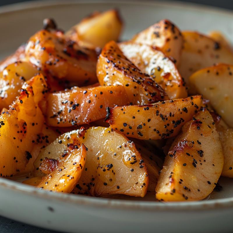 Close-up of a portion of crockpot baked apples on a light grey ceramic plate, showcasing vibrant colors and textures in natural light.