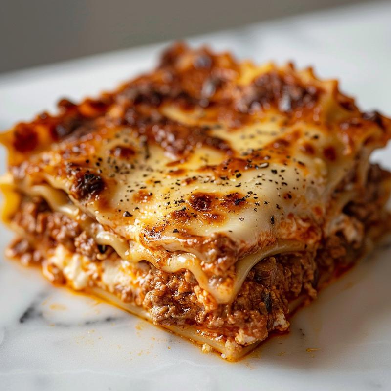 A close-up view of a portion of lasagna al forno, showcasing layers of pasta, cheese, and sauce on a white marble surface.