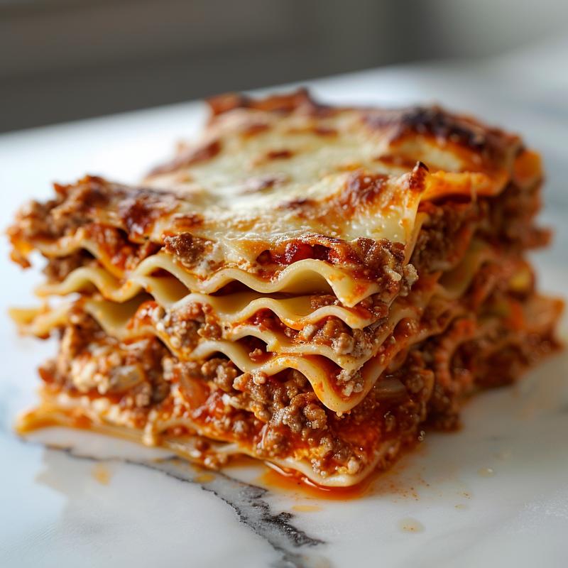 Close-up of a slice of easy lasagna casserole on a white marble surface, showcasing layers of pasta, cheese, and sauce.