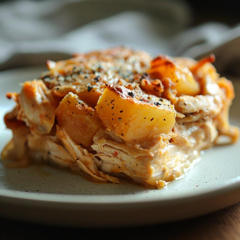Close-up of a portion of slow-cooked chicken casserole on a grey plate.