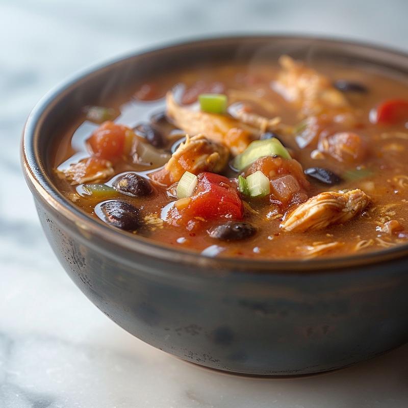 Close-up of a bowl of chicken enchilada soup with visible chicken pieces and cilantro on a marble surface.