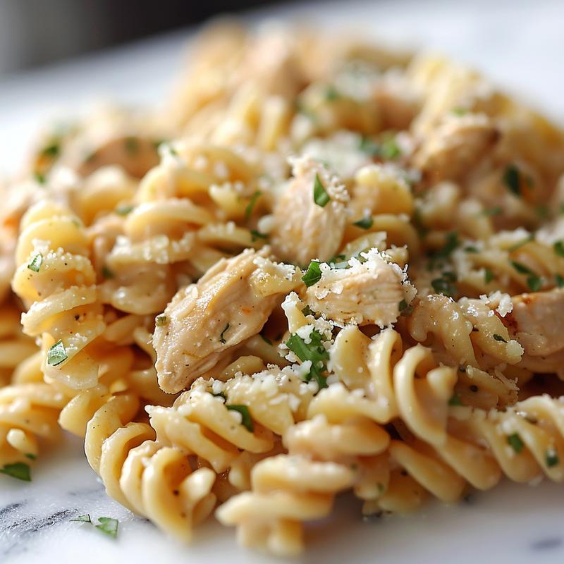 Close-up of creamy garlic parmesan chicken pasta on a marble surface.