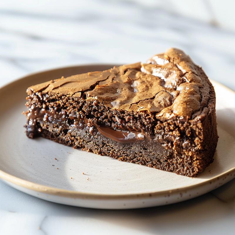 A slice of slow cooker chocolate lava cake on a white plate against a marble background.