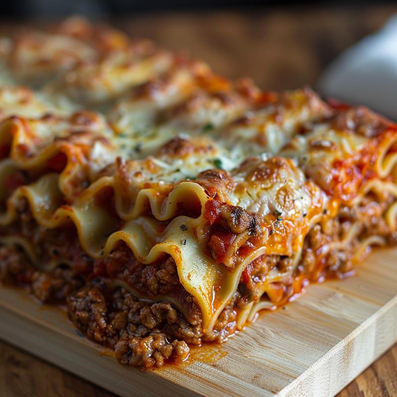 Close-up view of lasagna roll ups showcasing layers of pasta, cheese, and sauce on a wooden board.