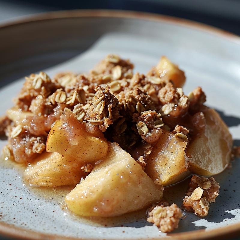 Close-up of a portion of crockpot apple crisp on a light grey ceramic plate.