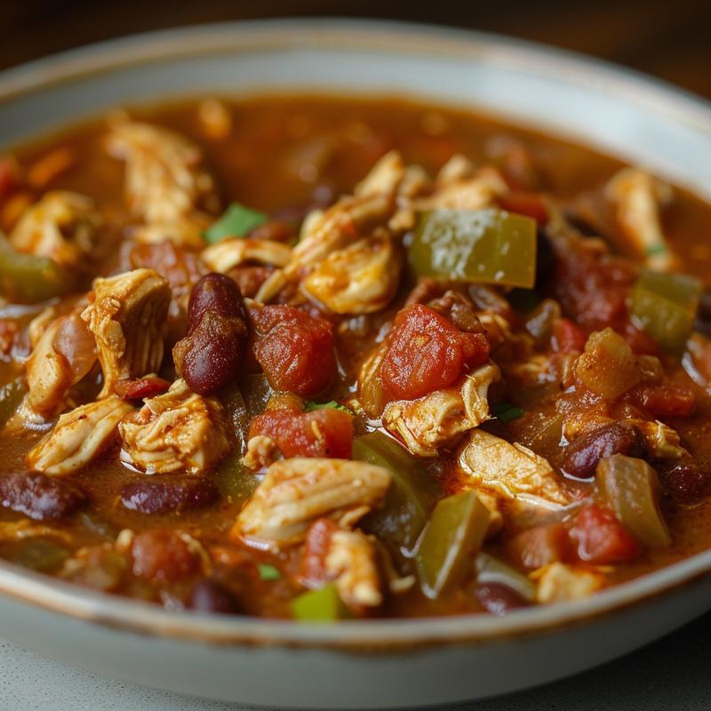 A close-up view of a portion of slow cooker chicken chili served in a minimalist light grey ceramic plate.