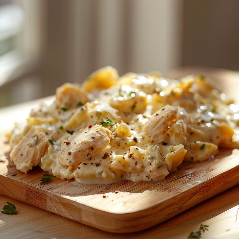 A close-up view of a creamy keto crockpot chicken alfredo dish on a wooden board.