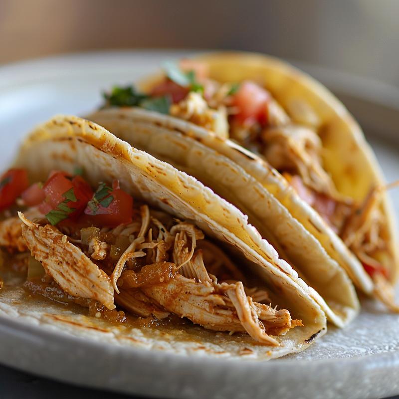 Close-up of slow cooker shredded chicken tacos on a light grey ceramic plate.