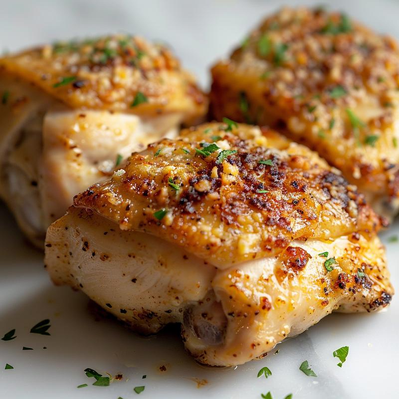 Close-up of keto slow cooker garlic parmesan chicken on a white marble surface.