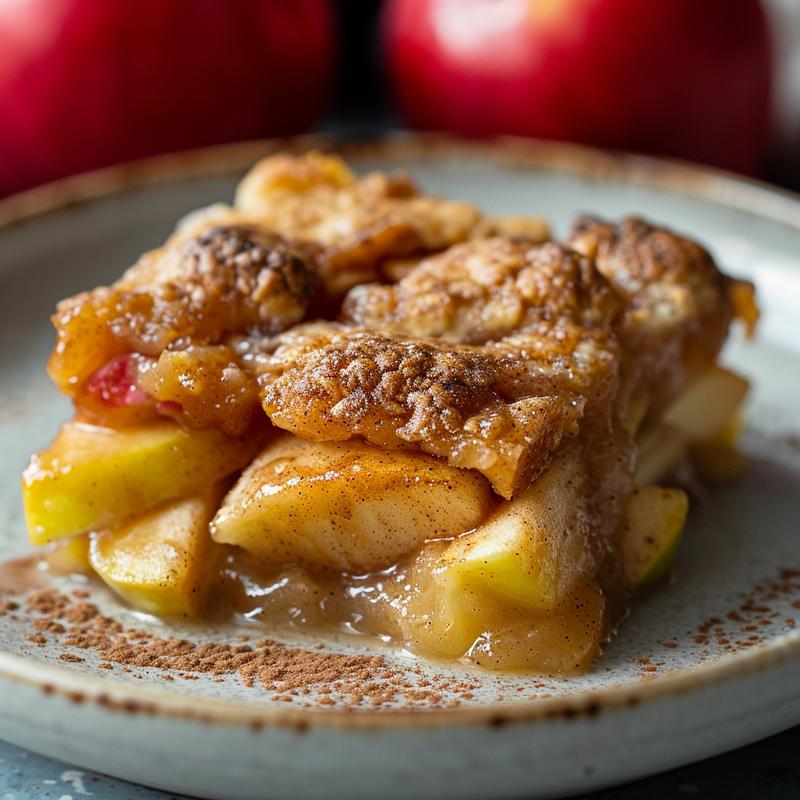 A close-up view of warm crockpot apple cobbler on a light grey ceramic plate, showcasing its rich cinnamon texture.