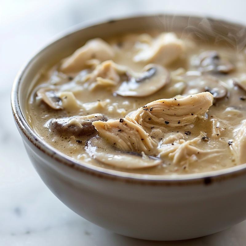A close-up view of a bowl of creamy chicken and mushroom soup, steam rising, on a white marble surface.