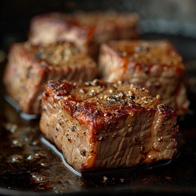 Close-up of keto crockpot pork chops on a cast iron surface with dramatic lighting.