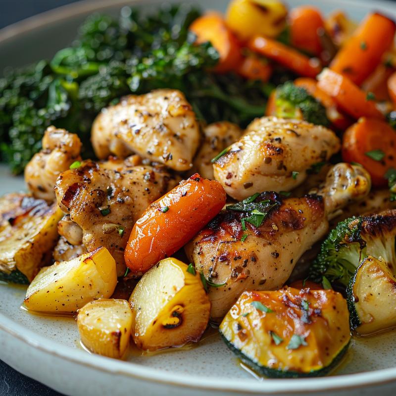 Close-up of crockpot chicken with colorful vegetables on a minimalist light grey plate.