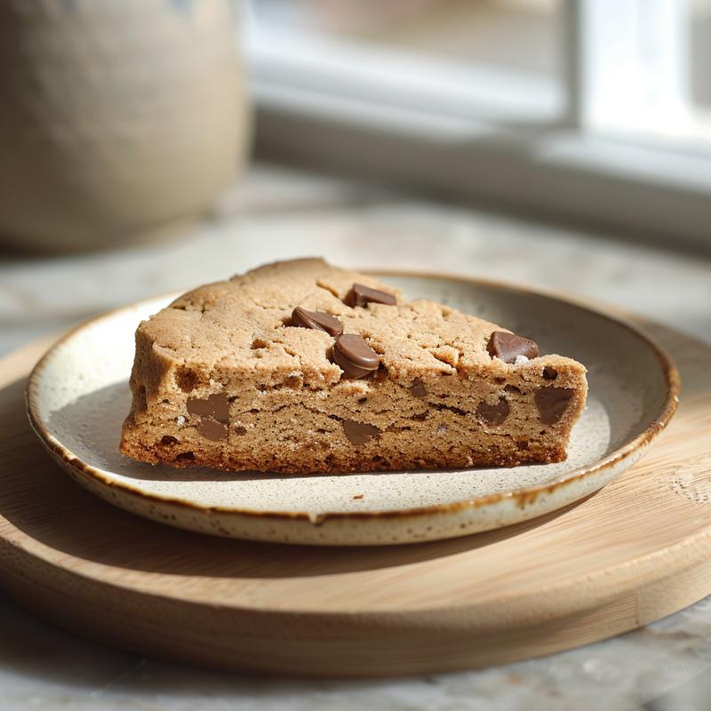 Close-up of a perfectly sliced cake mix cookie on a minimalist wooden board.