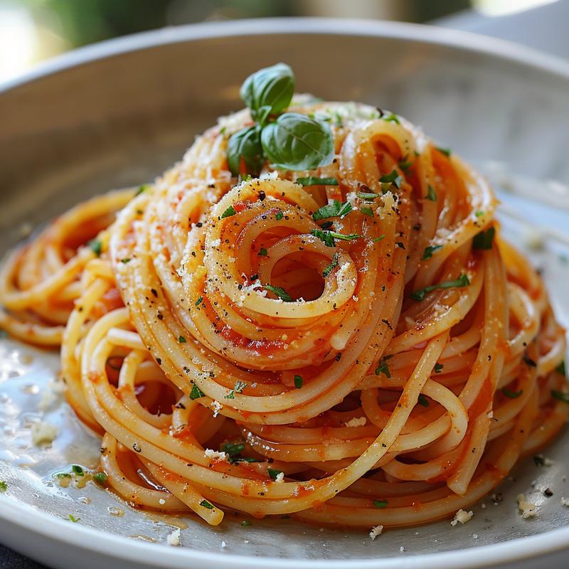 Close-up of a serving of million dollar spaghetti on a light grey plate, showcasing its texture and sauce.