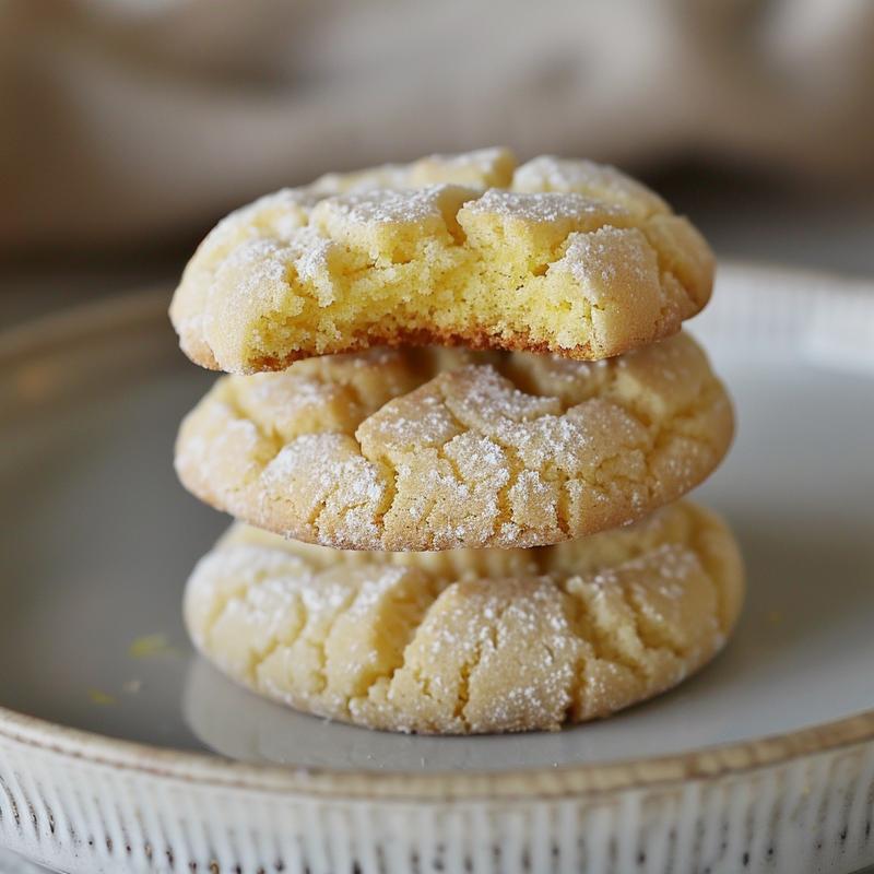 Close-up of three golden lemon crinkle cookies on a light grey plate.