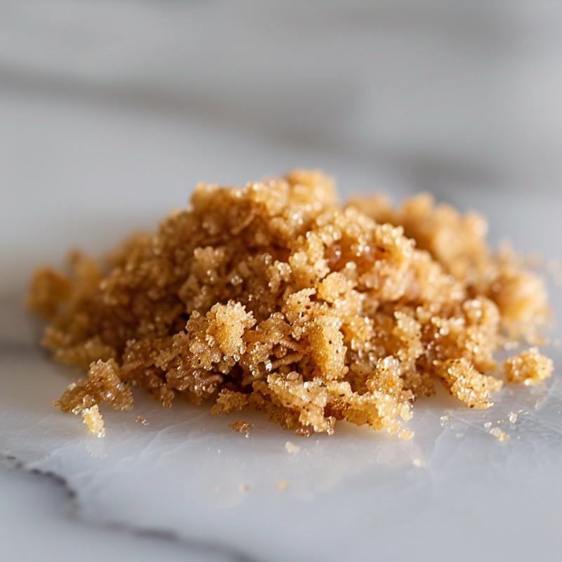 Close-up of a textured crumble topping on a white marble surface.