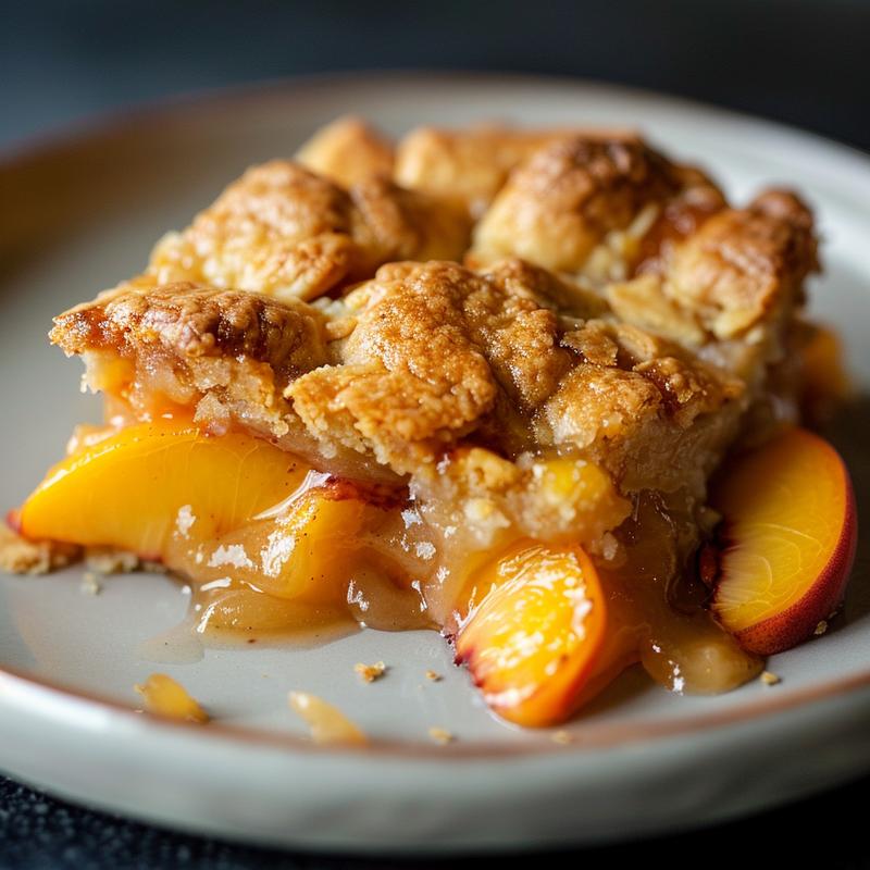 Close-up of a portion of peach cobbler on a grey ceramic plate, showcasing its golden crust and juicy filling.