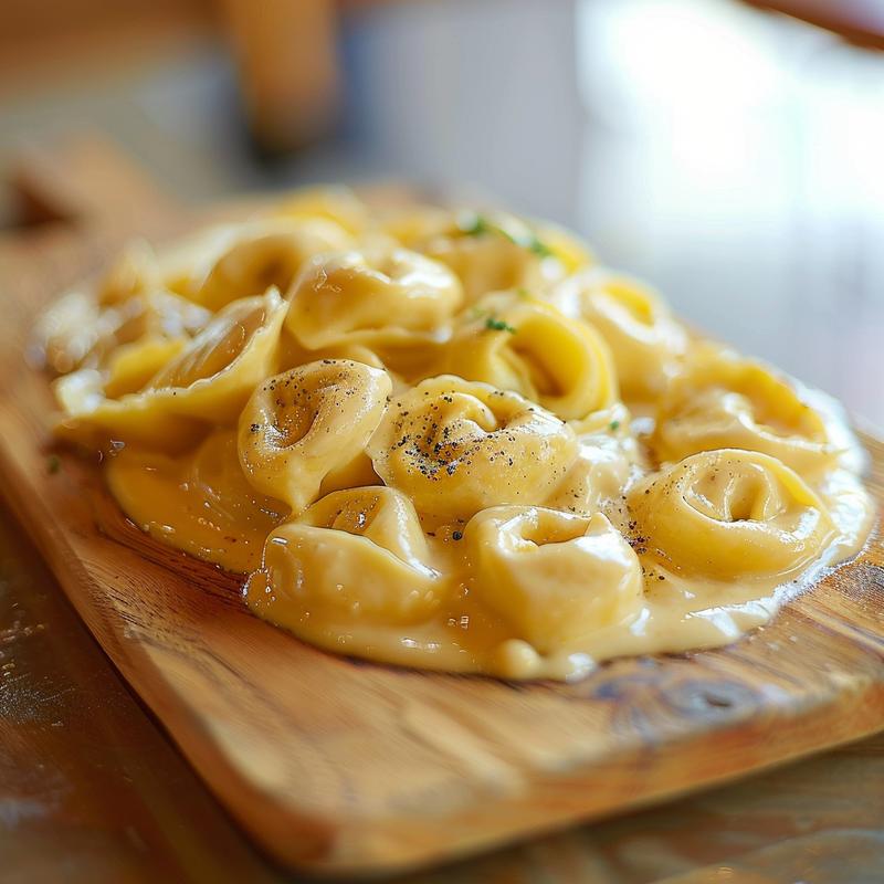 A close-up of creamy Italian tortellini carbonara on a wooden board, showcasing rich sauce and texture.
