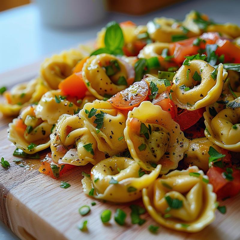 A close-up of vibrant tortellini pasta salad with fresh vegetables on a wooden board.
