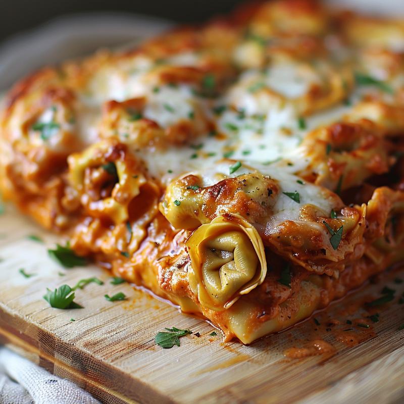 Close-up of baked tortellini casserole with melted cheese and rich sauce on a wooden board.