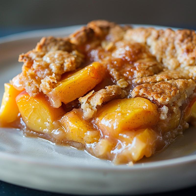 Close-up of a slice of southern peach cobbler on a light grey plate.