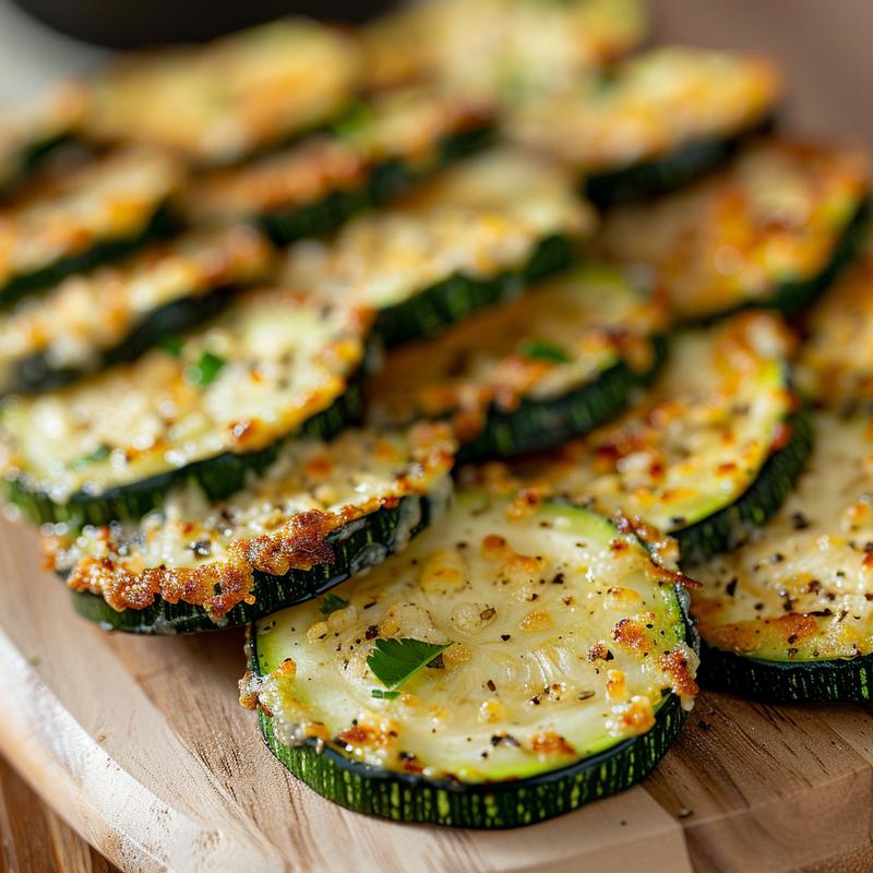 Close-up of golden-brown air fryer parmesan crusted zucchini slices on a light wooden board.