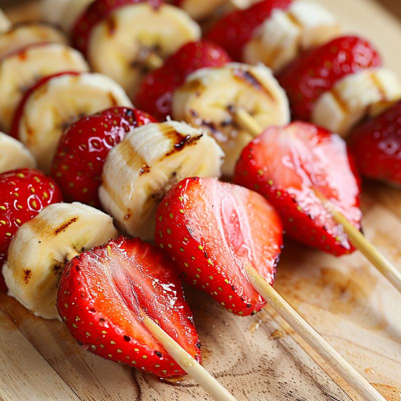 Three fruit skewers with alternating red strawberry and white banana slices on a light wood board.