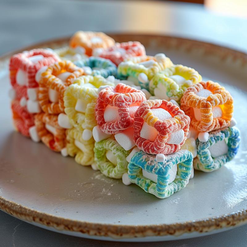 Close-up of colorful Fruit Loop marshmallow rainbows on a light grey plate.